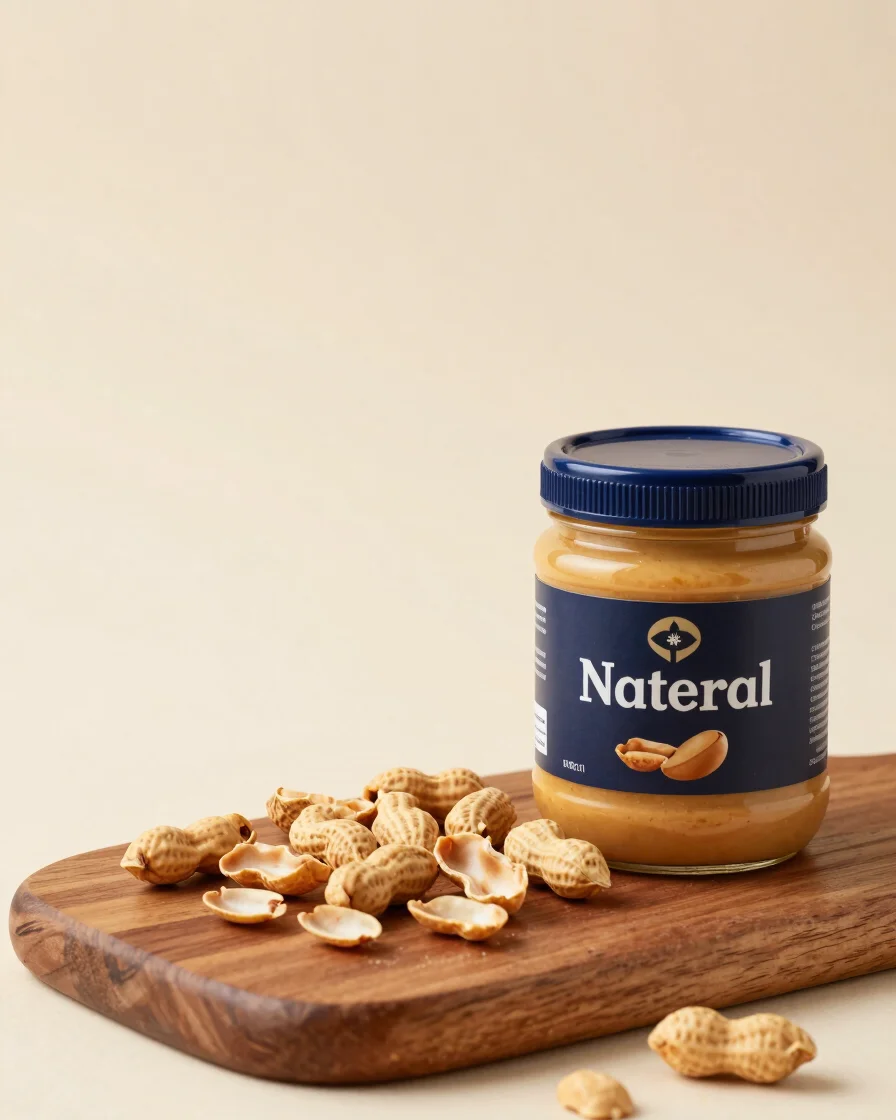 Natural food product photography, soft daylight, overhead studio shot of roasted peanuts scattered on a warm wooden boar